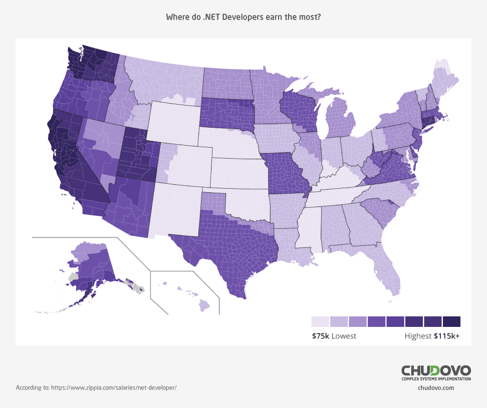 .NET developer salary in USA - Heatmap