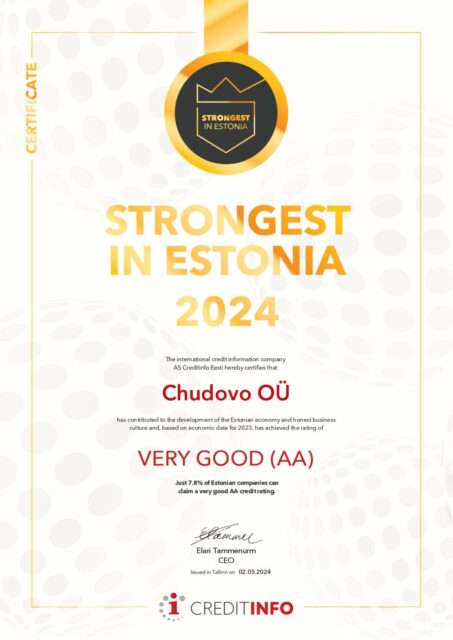 Chudovo OÜ awarded ‘Strongest in Estonia 2024’ with AA Credit Rating (1)