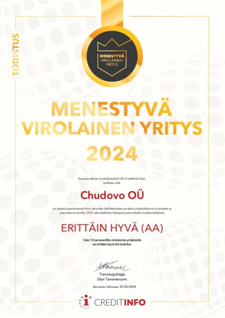 Chudovo OÜ awarded ‘Strongest in Estonia 2024’ with AA Credit Rating (2)