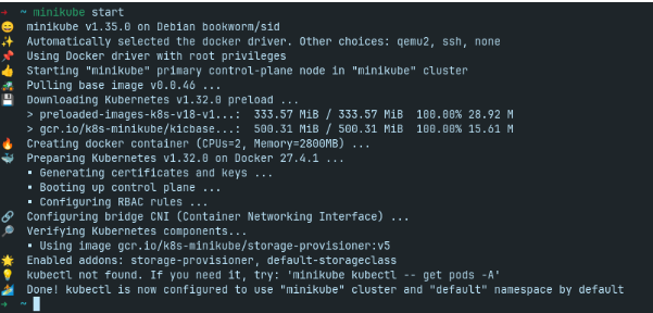 Creation of a Minikube cluster with the command minikube start